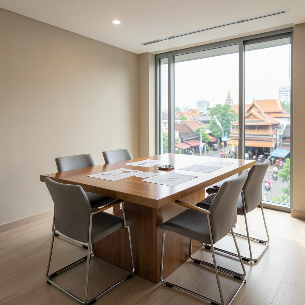 System Latticebase meeting room overlooking a Bangkok street with printed cycle notes