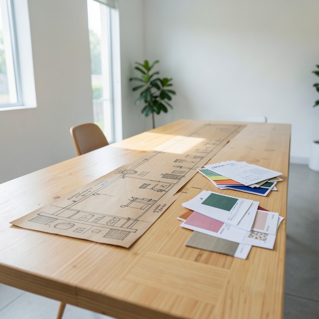 Wide table with a hand-drawn purchase-to-pay stage strip and sample order printouts