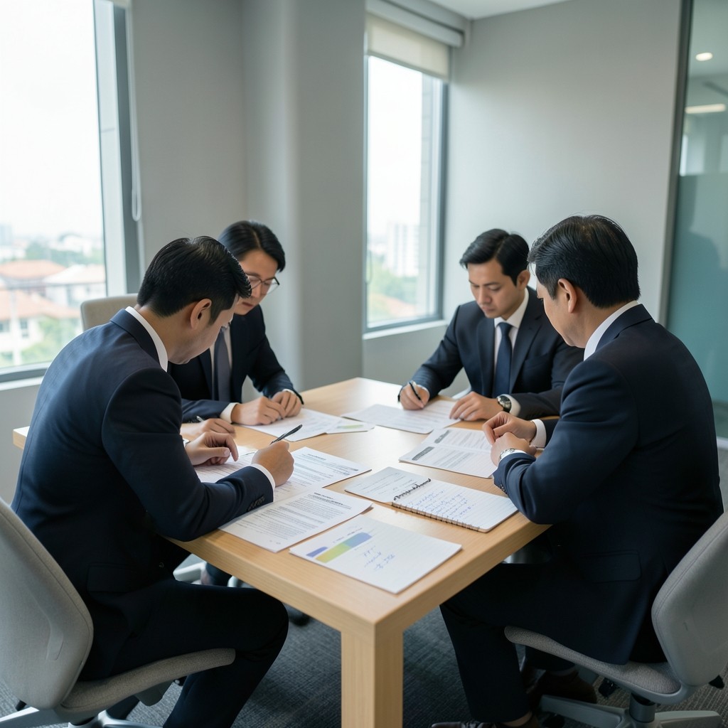 Analysts reviewing procurement documents and cycle notes at a Bangkok conference table